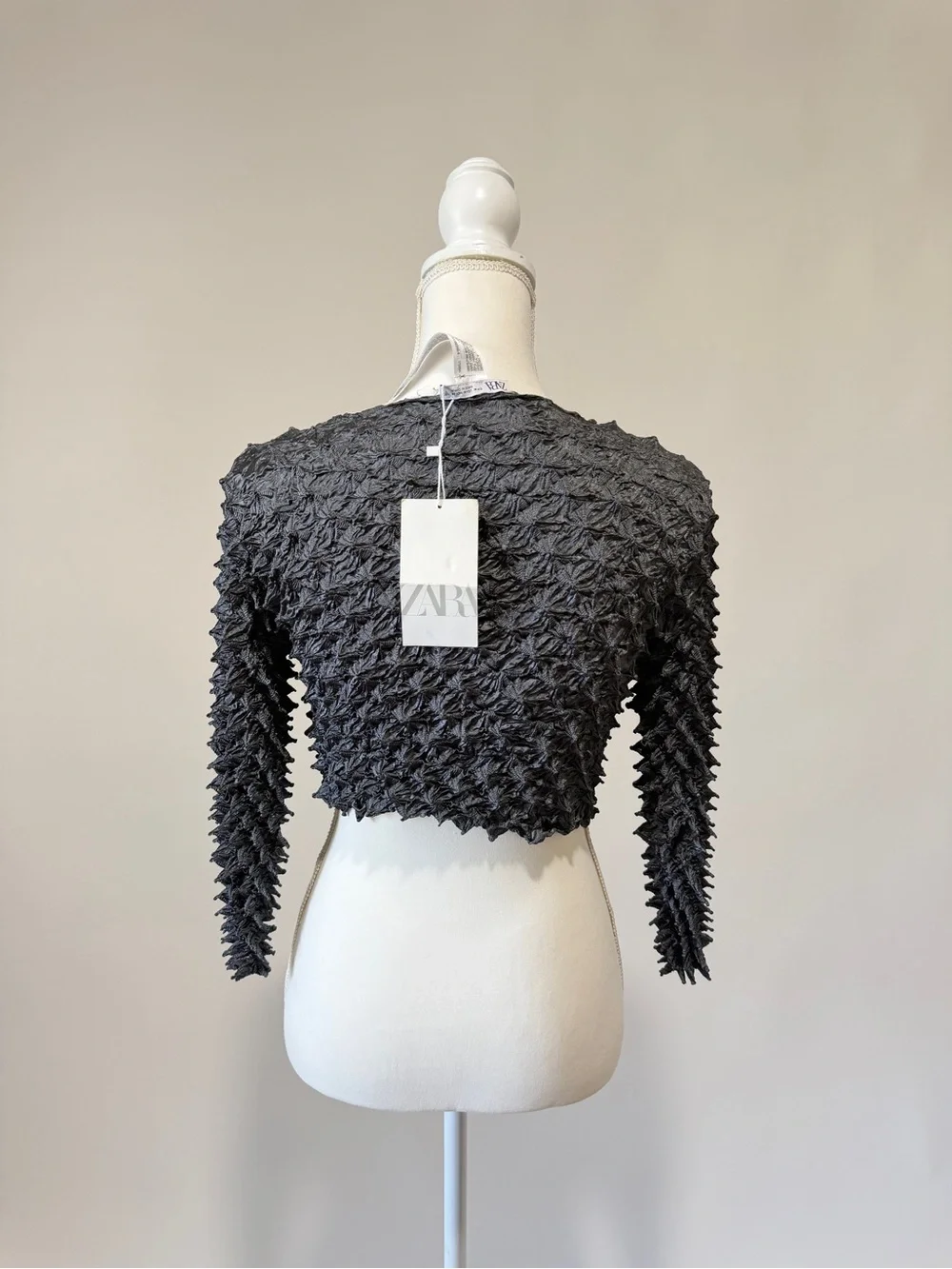 Textured Black Cropped Long Sleeve Top